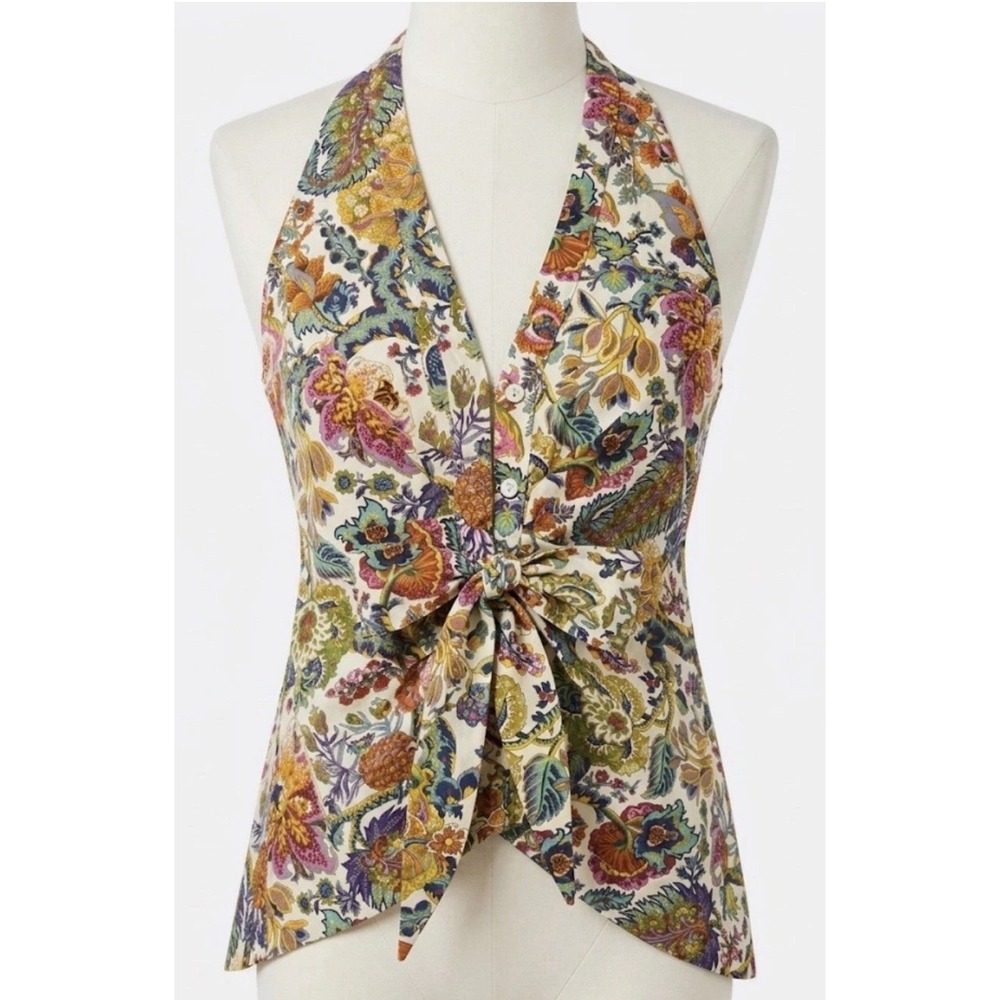 Drew Floral Paisley Tie Front Halter Top Women's XS Button Down‎ Bohemian Summer